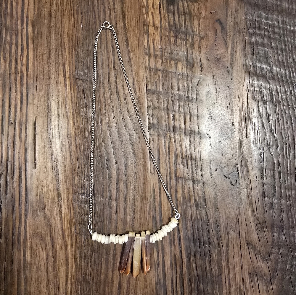 Handmade natural sea urchin spine and shell bead necklace with silver-tone chain